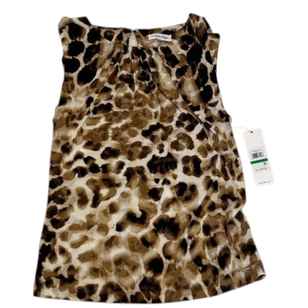 Calvin Klein Leopard Print Sleeveless Blouse NWT Large Chic Animal Print Top - Picture 2 of 8